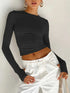 Women’s Long Sleeve Crew Neck Crop Top with Thumb Holes Slim Fit Solid Knit T-Shirt for Summer Streetwear and Casual Outfits